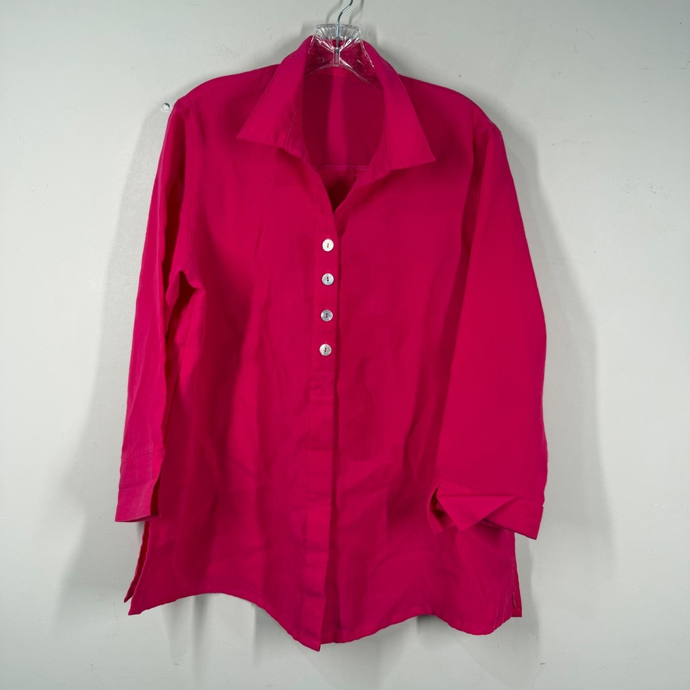 Fridaze Womens Sz XL Pink 100% Linen Button Up Shirt 3/4 Sleeve Back Vent Top